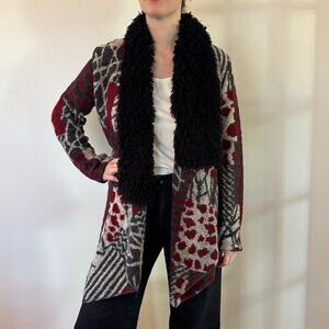Saks Fifth Avenue sweater jacket with black collar and red patchwork design